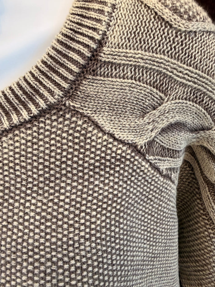 Mocha cable knit crew neck sweater, textured knit with ribbed cuffs and hem detail