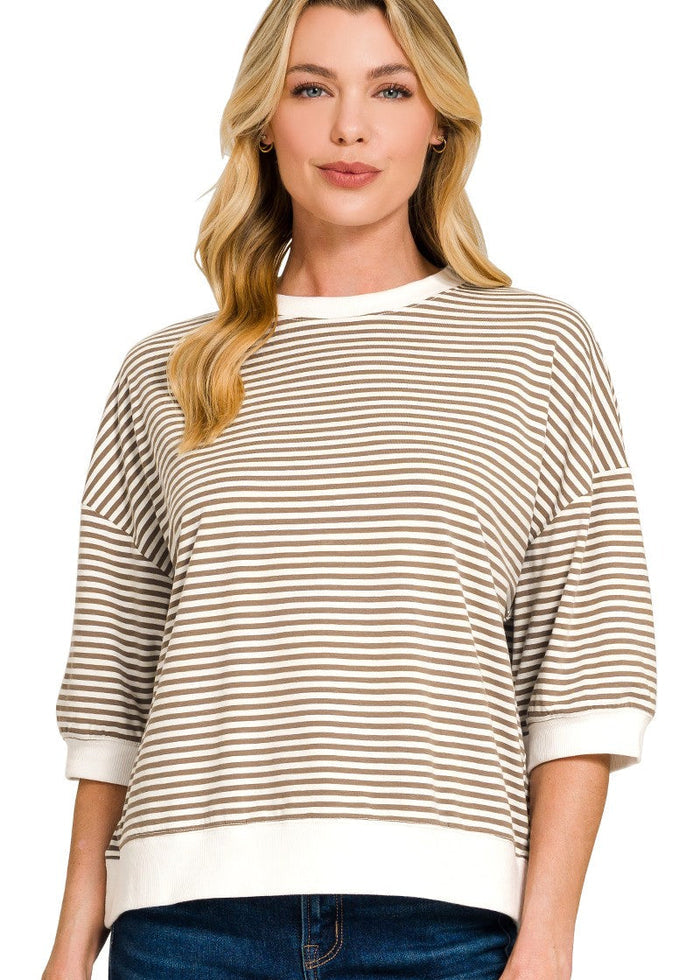 Mocha and white striped 3/4 sleeve T-shirt with crew neck