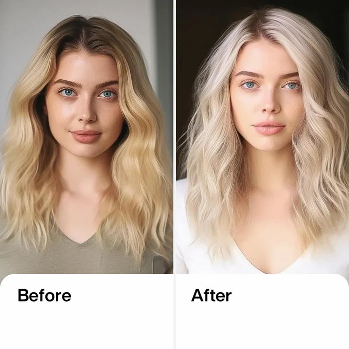 Before and after on blonde hair: warm brassy golden waves left, cool icy platinum right, labeled Before and After