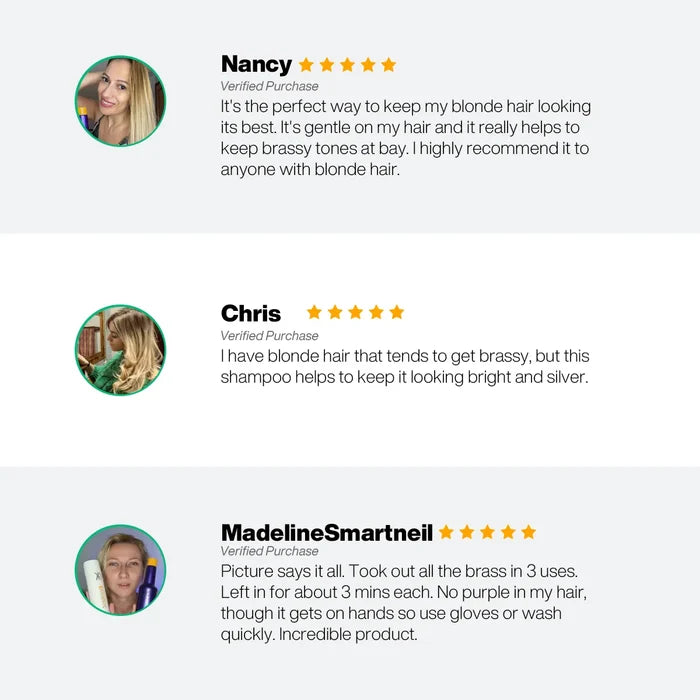 Three five-star verified purchase reviews, from Nancy, Chris and MadelineSmartneil, on keeping blonde hair brass-free
