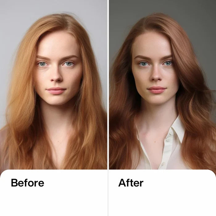 Shine & Protect Hair Duo before and after: dull frizzy copper hair on the left, glossy smooth auburn waves on the right