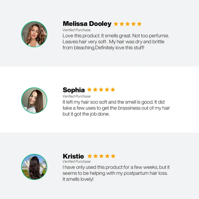 Five-star verified reviews of the Shine & Protect Hair Duo from Melissa Dooley, Sophia and Kristie on soft, less brassy hair