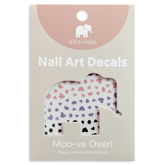 Moo-ve Over cow print nail art decals in packaging – ella+mila