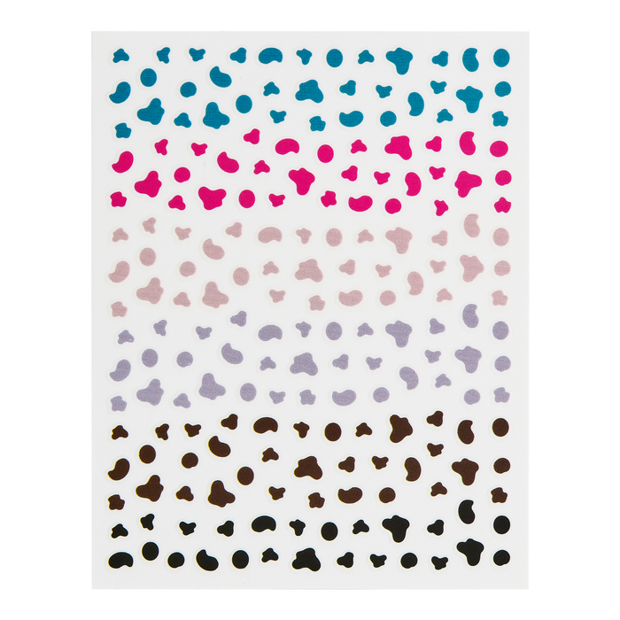 Moo-ve Over decal sheet: cow print spots in teal, pink, grey, brown and black