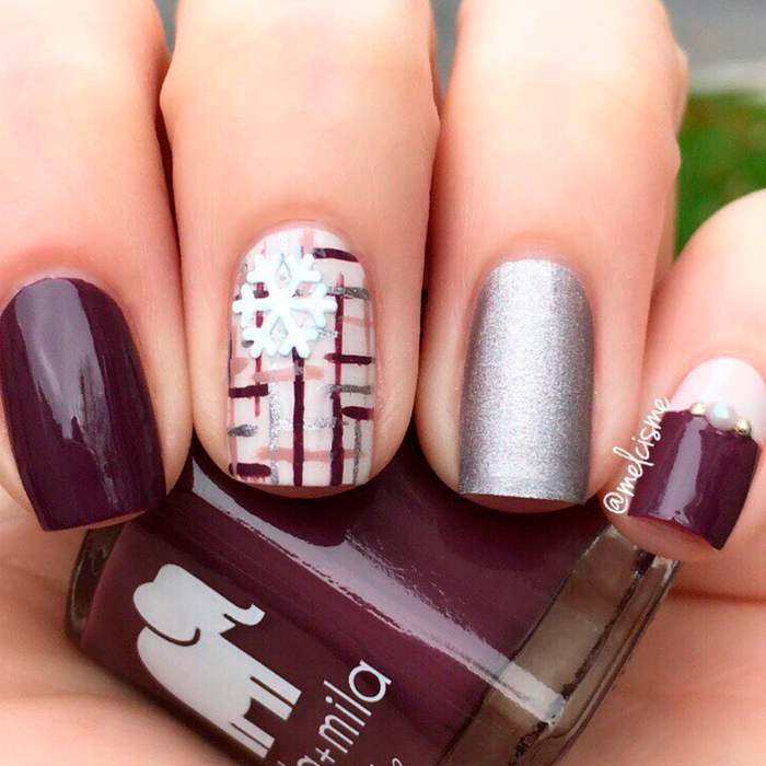 Moonshadow silver nail polish with burgundy plaid and snowflake accent nail art