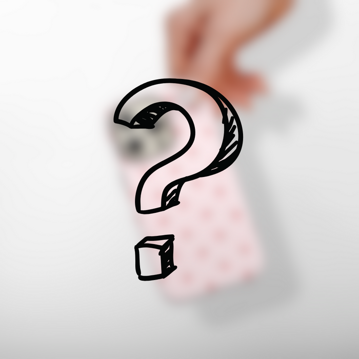 Hand holding Coconut Lane Mystery Tough Phone Case with black polka dots and a large black question mark on the back.