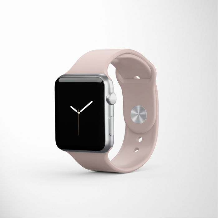Powder pink NAKD Apple Watch strap by Coconut Lane on a watch with black screen, set against a white background.
