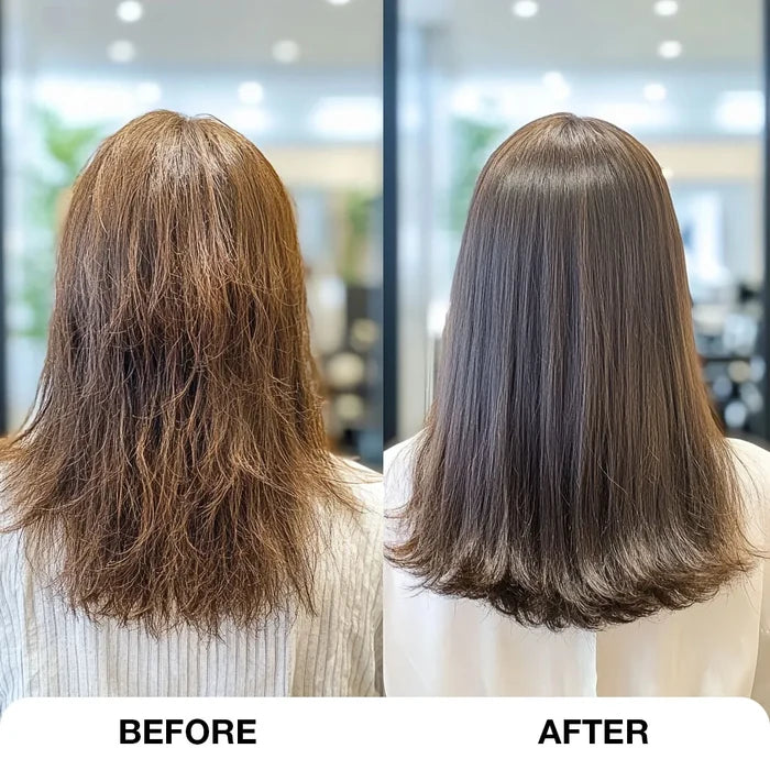 GK Hair Nanoplastia Hair Treatment before and after from behind: frizzy dry brown hair, then sleek glossy straight hair