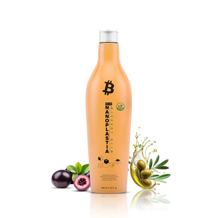 Nanoplastia Hair Treatment with Juvexin, featuring vegan and pro line labels. Surrounded by purple fruit and oil droplets.