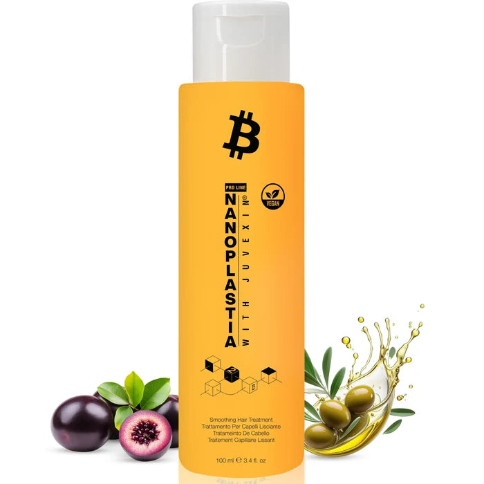 GK Hair Nanoplastia 100 ml bottle flanked by acai berries and green olives in a splash of olive oil