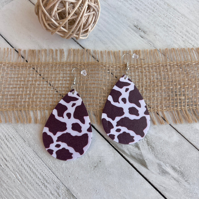 Nashville Brown Cow Faux Leather Teardrop Ear Bling Two Styles Available