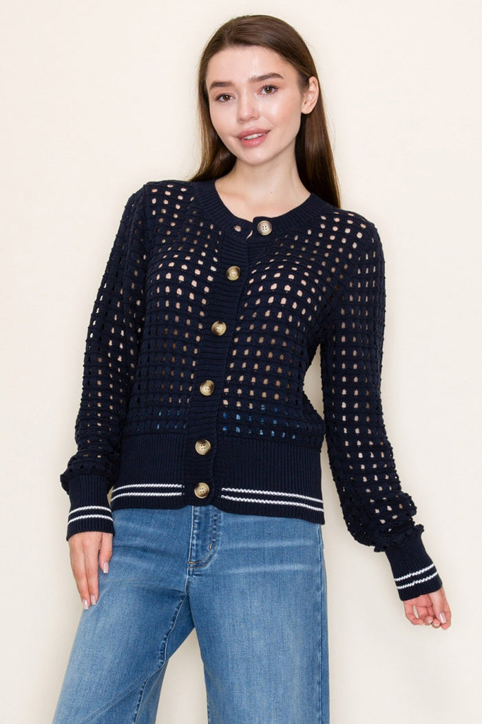 Navy open-knit cotton cardigan sweater with button front, ribbed cuffs, striped hem