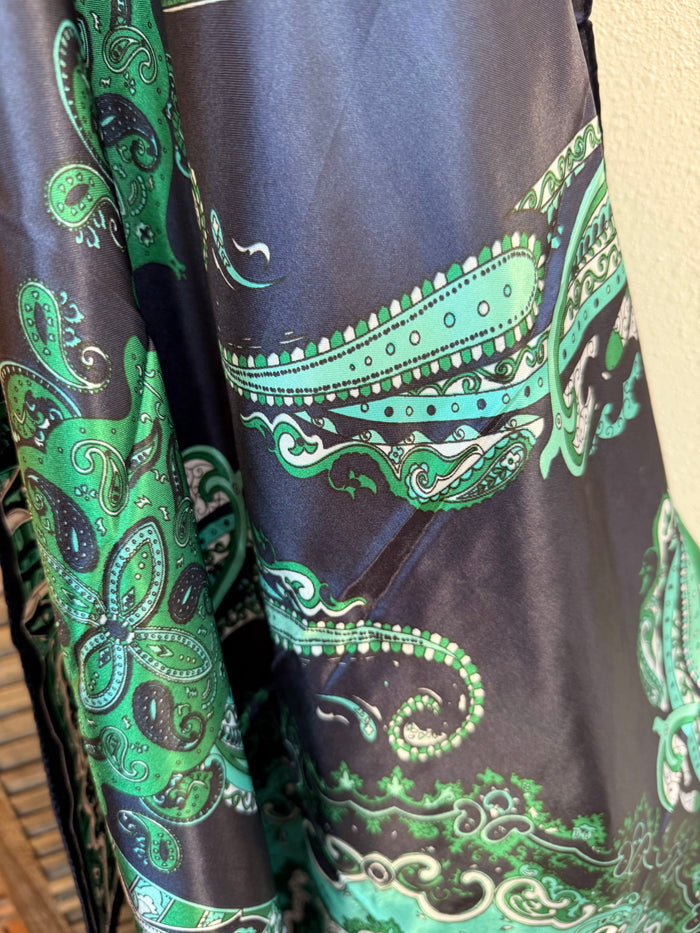 Emerald paisley wild rag scarf with navy base, long draped folds