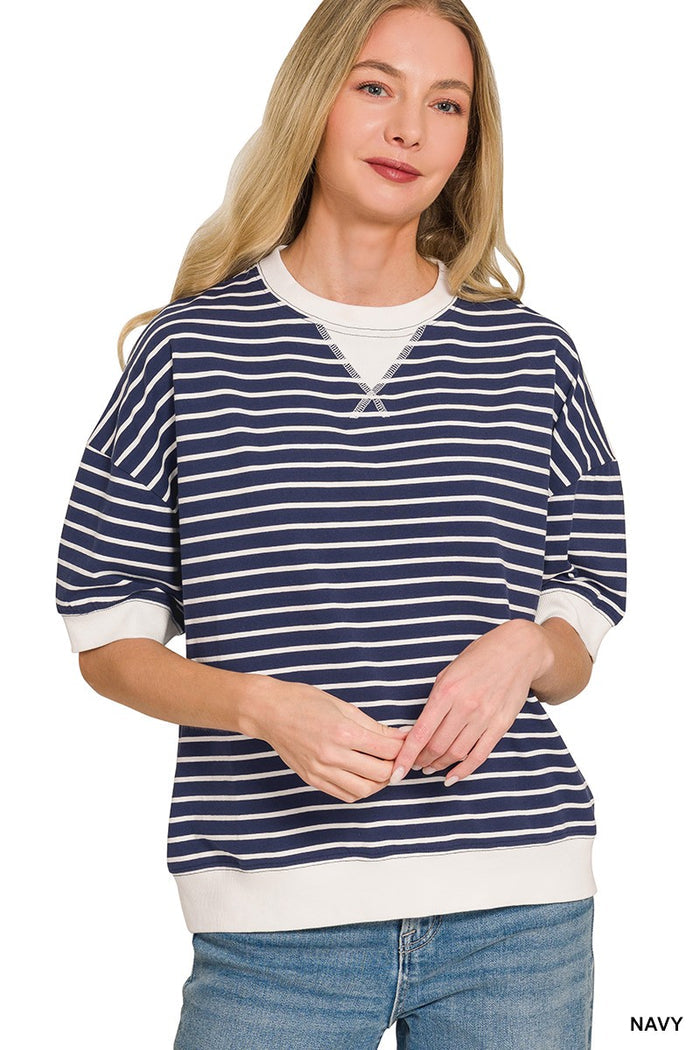 Navy and white striped T-shirt with contrast ribbed crew neck and cuffs