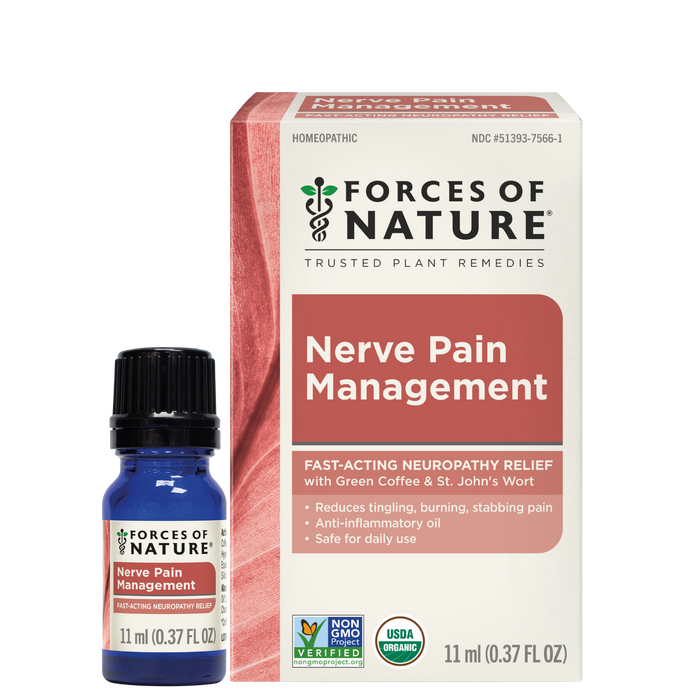 Front view of Nerve Pain Management 11 ml bottle and box showcasing product label and size with white background