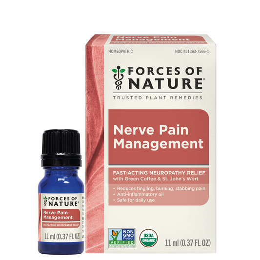 Front view of Nerve Pain Management 11 ml bottle and box showcasing product label and size with white background