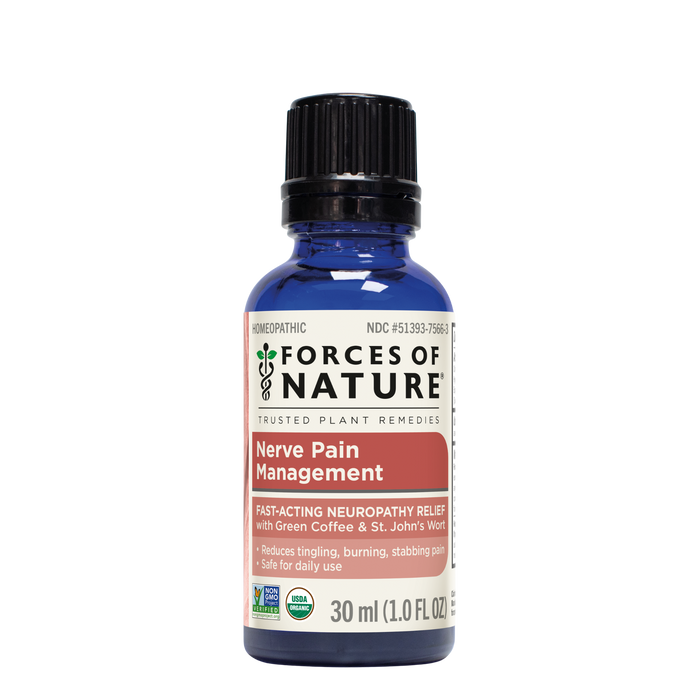 Front view of Nerve Pain Management bottle showcasing 30 ml label and blue glass bottle with black cap on white background