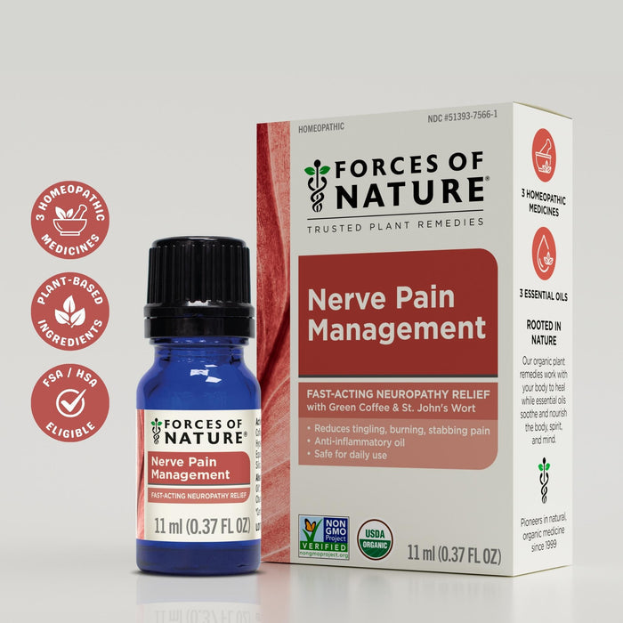 Side view of Nerve Pain Management 11 ml blue glass bottle and box showing product name and Fast-Acting Neuropathy Relief claim on white background