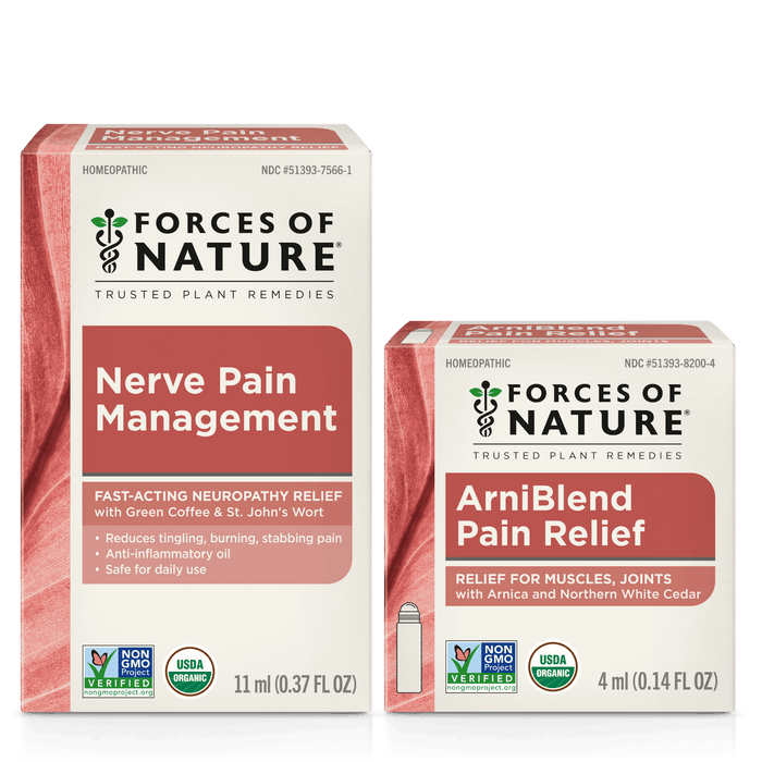 Front view of Nerve Pain Management 11 ml box with ArniBlend 4 ml box showing ‘Nerve Pain Management’ headline and ‘Fast-Acting Neuropathy Relief’ claim