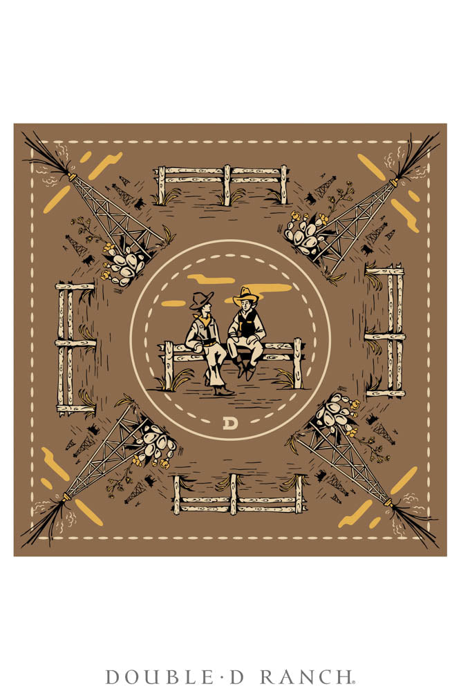 Double D Ranch oil camp silk scarf, illustrated western scene with border details