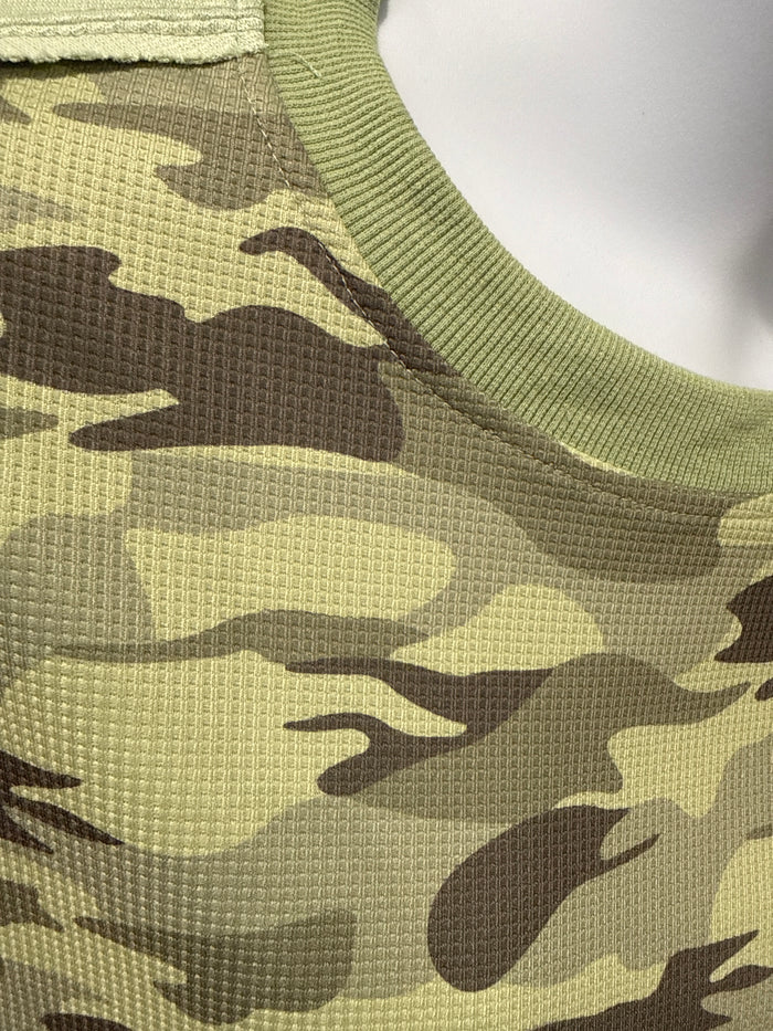 Olive camo waffle-knit T-shirt close-up of ribbed crew neck