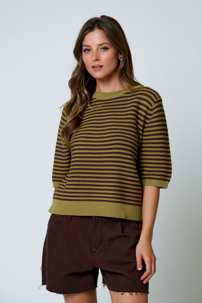 Olive and chocolate striped cotton sweater with 3/4 sleeves, crew neck