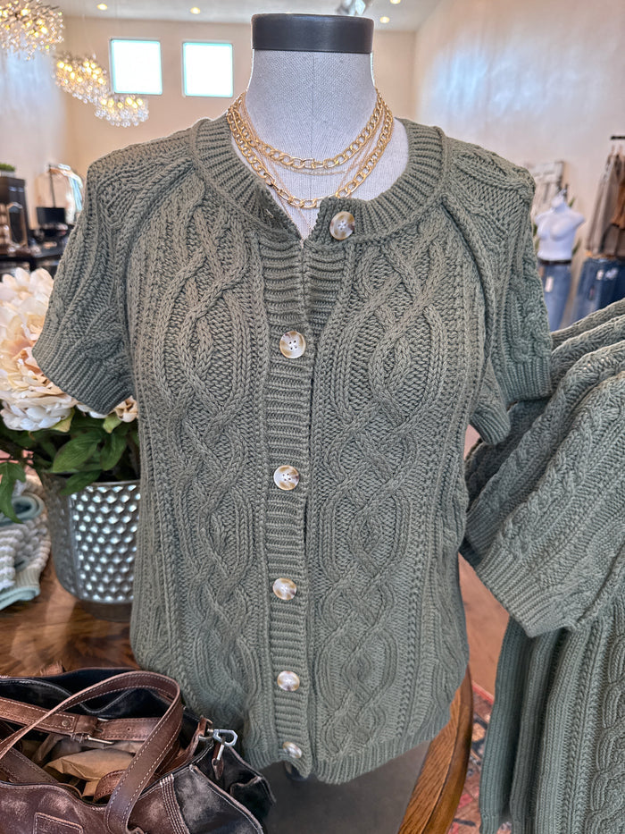 Olive cable-knit cotton short-sleeve cardigan with button front and crew neckline