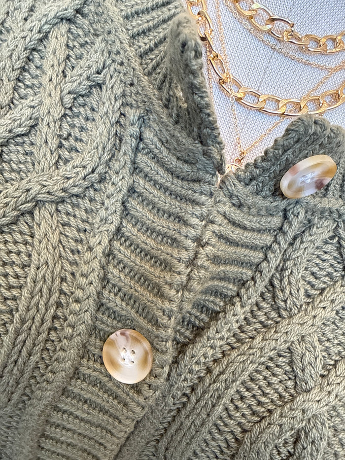 Olive textured cable-knit cardigan close-up with round button placket