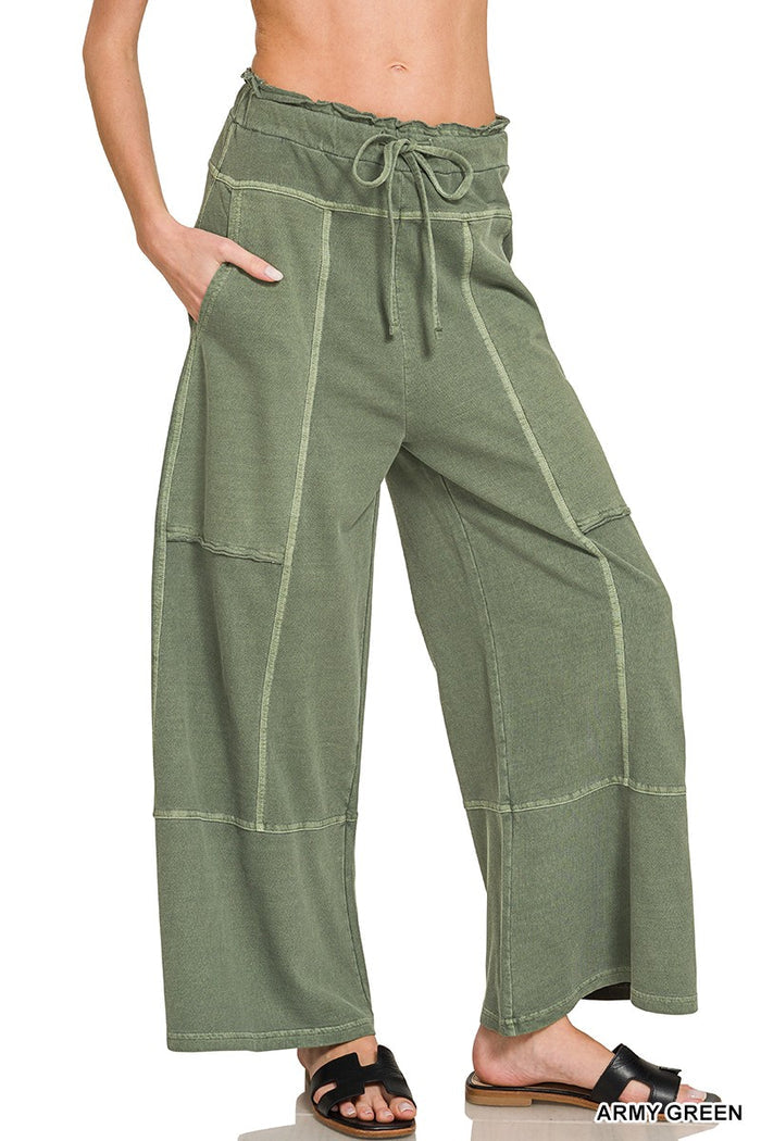 Olive French terry seamed cotton sweatpants with drawstring waist and wide-leg fit