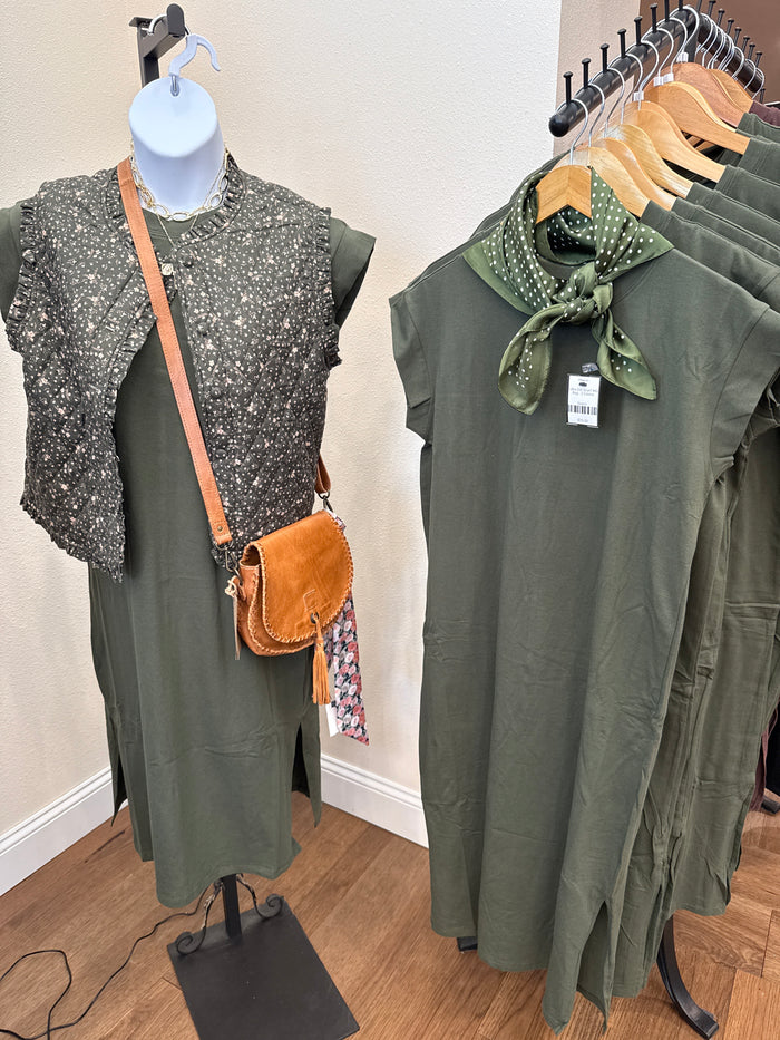 Olive knit midi dress with short sleeves and gathered neckline scarf detail