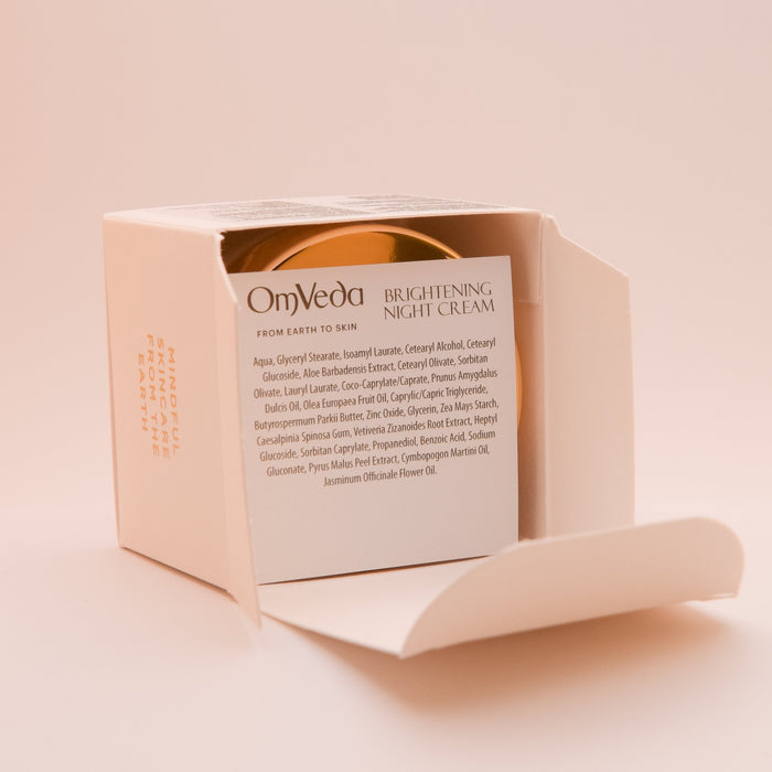 OmVeda brightening night cream box with inner label panel and product details