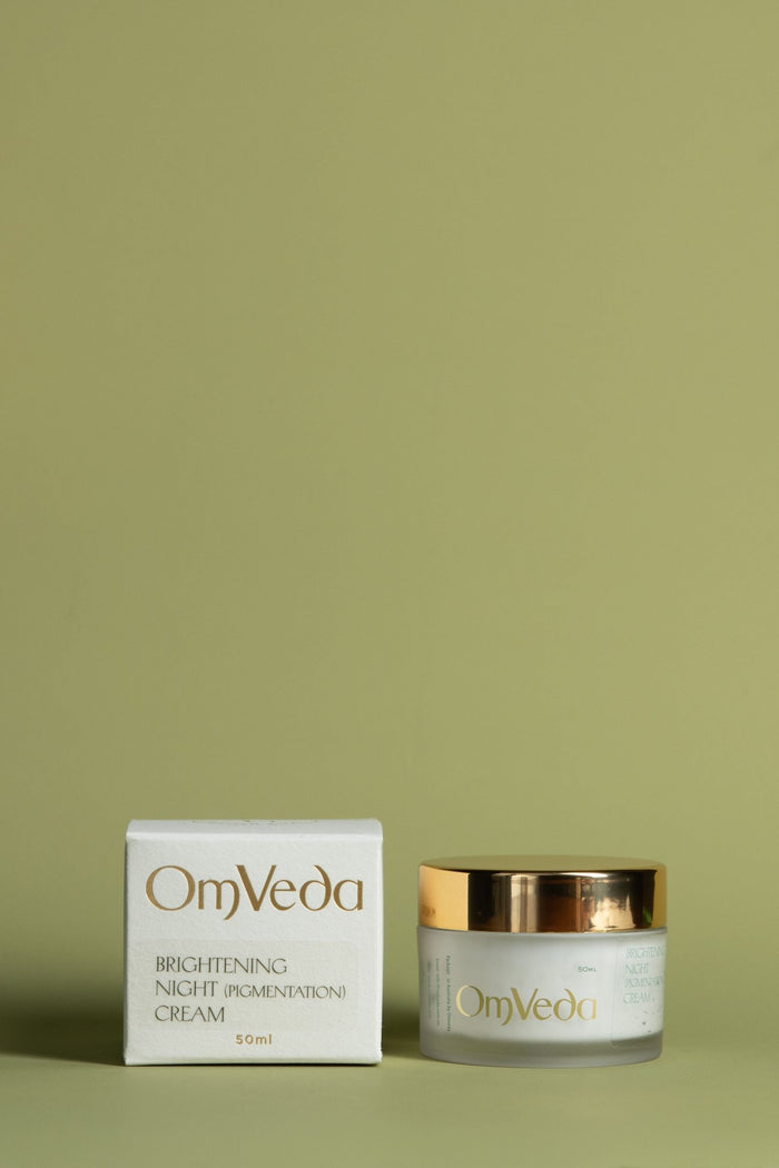 OmVeda brightening night cream jar with matching box, gold lid, 50 ml