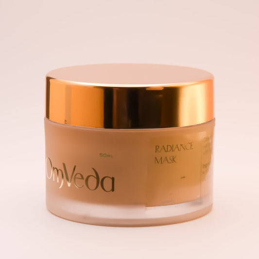 OmVeda Radiance Mask 50ml cream jar, gold top, OmVeda label
