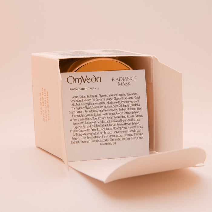 OmVeda Radiance Mask 50ml box insert with ingredient text panel