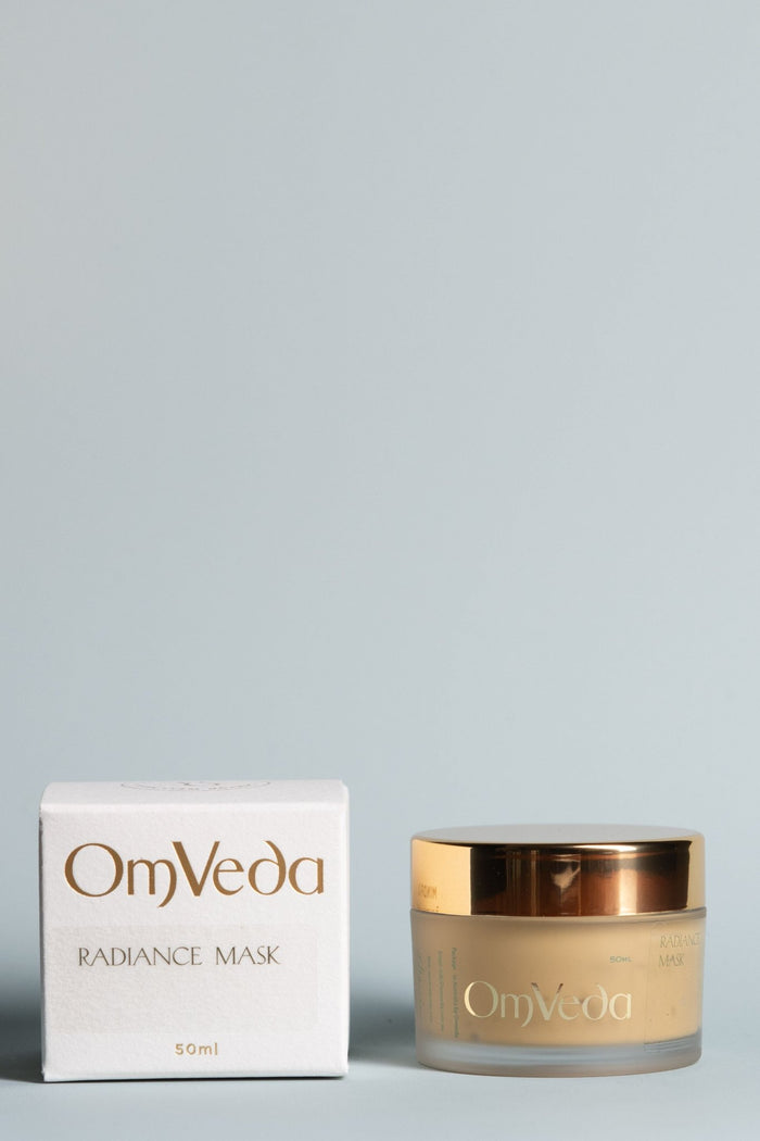 OmVeda Radiance Mask 50ml box and gold-lidded cream jar