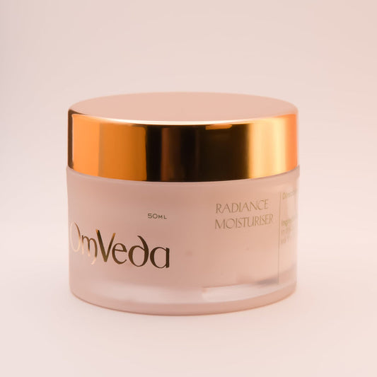 OmVeda Radiance Moisturiser 50ml jar with gold lid and front label