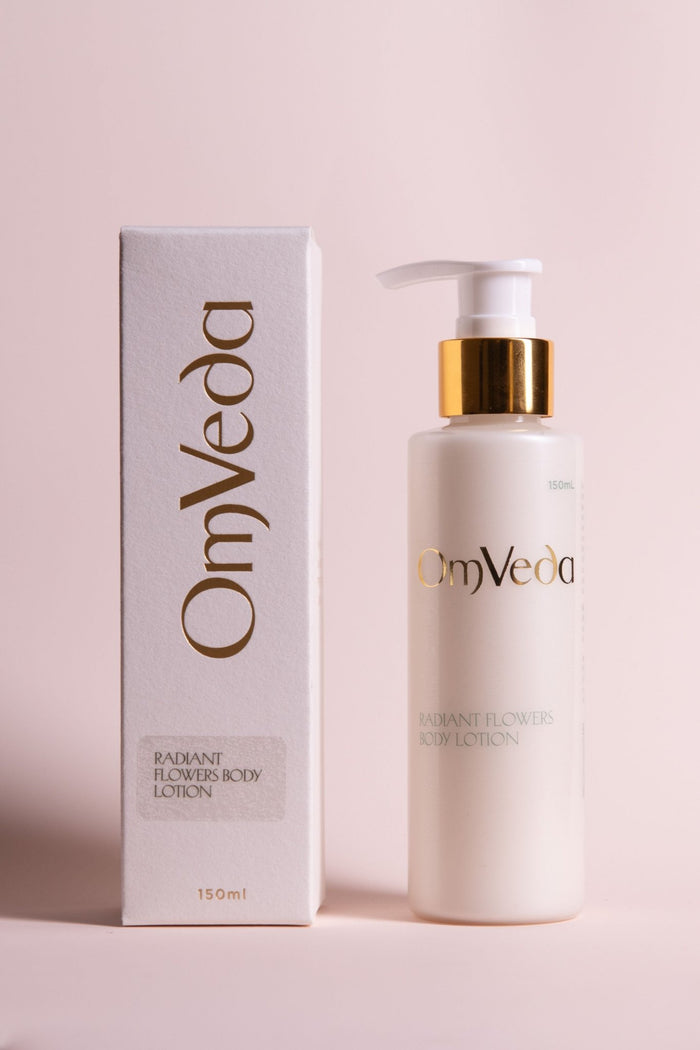 OmVeda Radiant Flowers body lotion, 150 ml pump bottle with golden cap