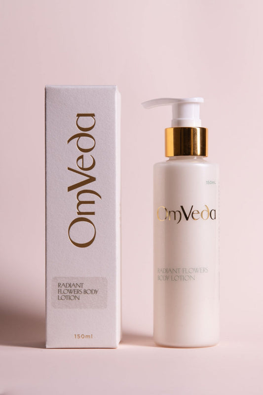 OmVeda Radiant Flowers body lotion, 150 ml pump bottle with golden cap