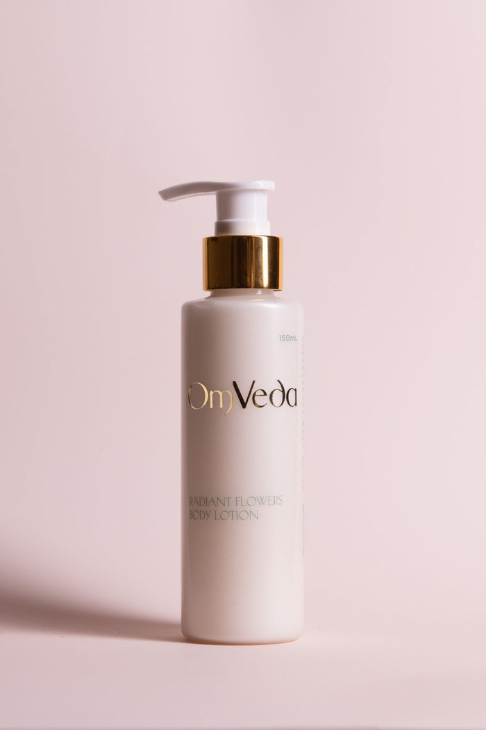 OmVeda Radiant Flowers body lotion 150 ml white pump bottle with gold dispenser