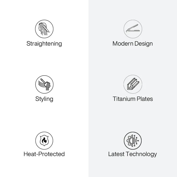 One Control Titanium Flat Iron icons: Straightening, Styling, Heat-Protected, Modern Design, Titanium Plates, Latest Technology