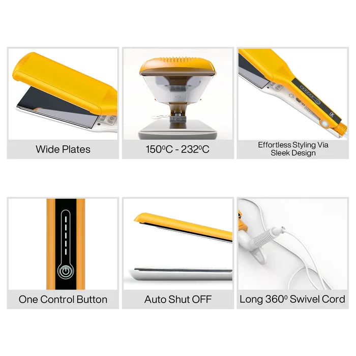 One Control Titanium Flat Iron feature grid: wide plates, 150-232°C, sleek design, one control button, auto shut off, 360° swivel cord