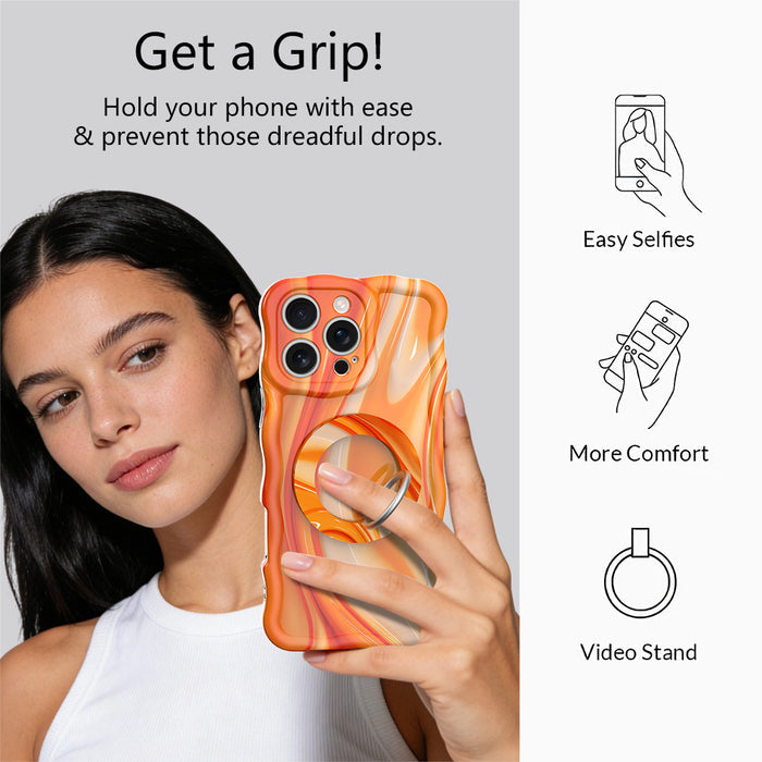 Orange Crush bright abstract orange swirl pattern MagSafe phone grip ring and stand compatible with iPhone and Samsung