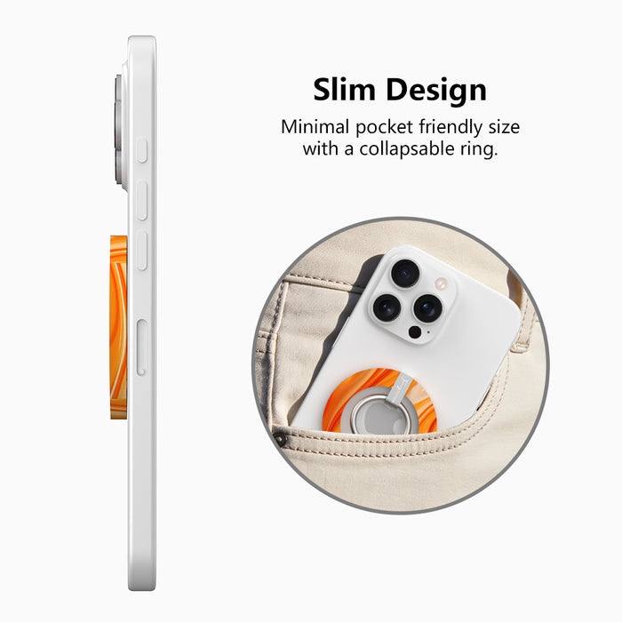 Orange Crush bright abstract orange swirl pattern MagSafe phone grip ring and stand compatible with iPhone and Samsung