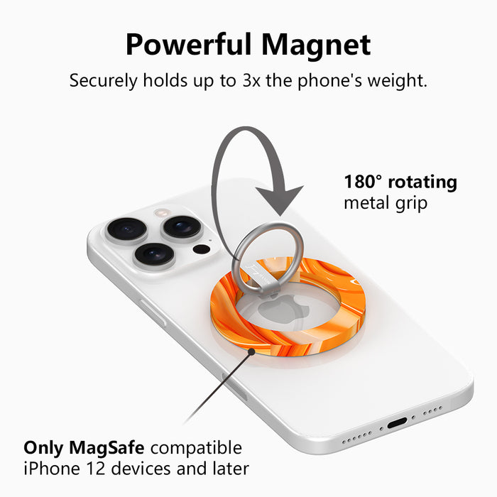 Orange Crush bright abstract orange swirl pattern MagSafe phone grip ring and stand compatible with iPhone and Samsung