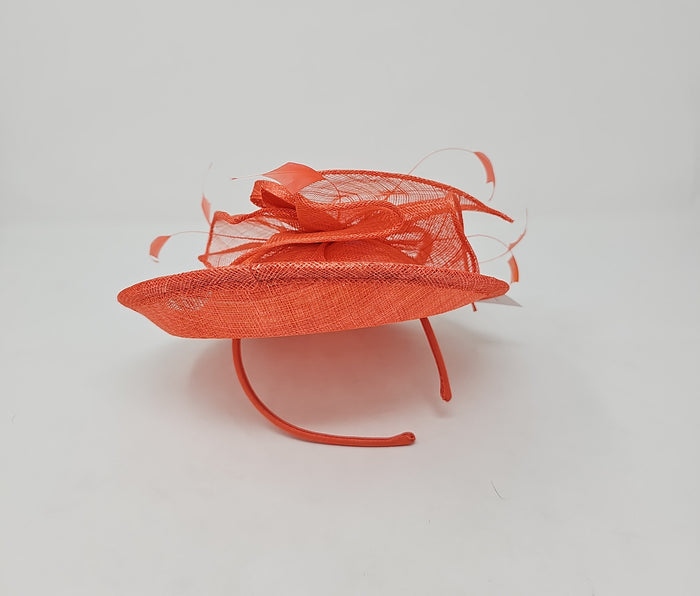 Orange Feather & Bow Round Disc Fascinator