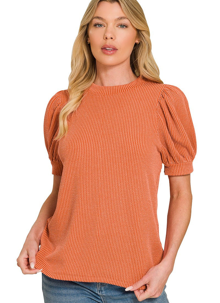 Orange ribbed knit puff sleeve t-shirt with short sleeves
