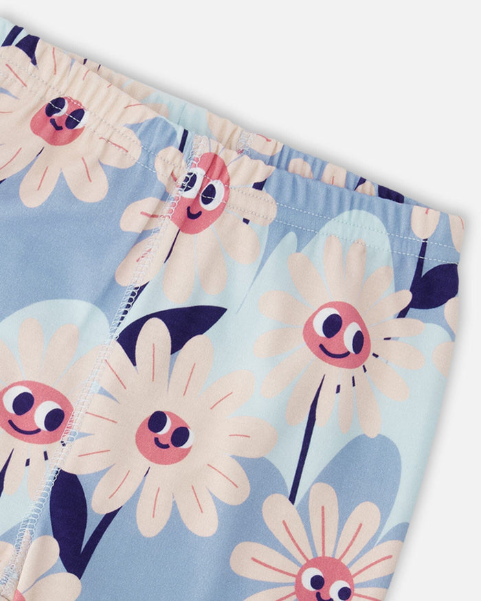 Organic Cotton Two-Piece Pyjama Set Blue Smiling Flower Print-4