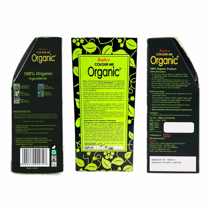 Three packaging boxes of Radico Colour Me Organic product on a white background.
