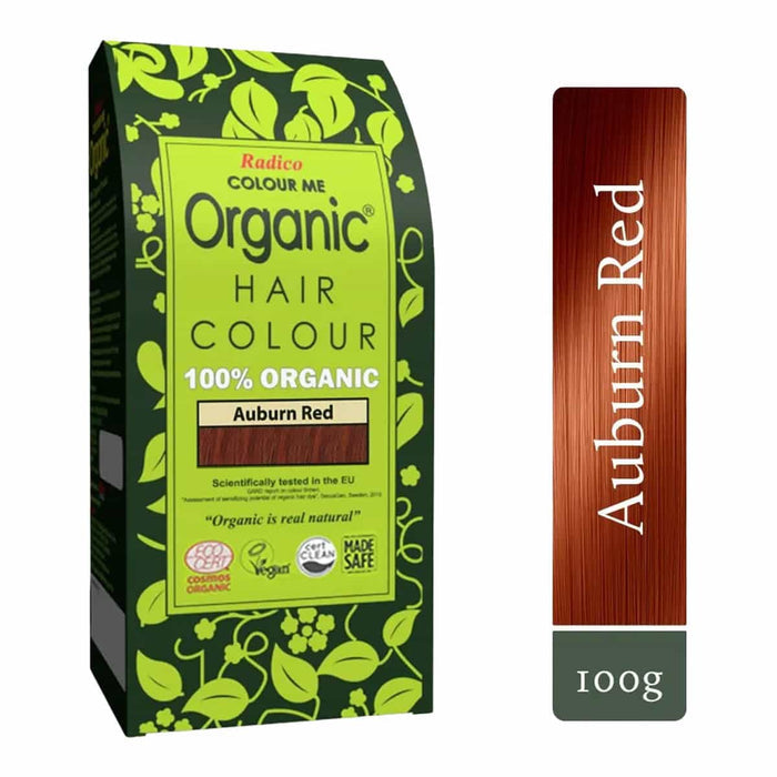 Box of Organic Hair Colour Auburn Red with green and brown design.