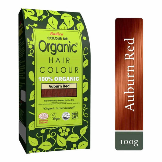 Box of Organic Hair Colour Auburn Red with green and brown design.